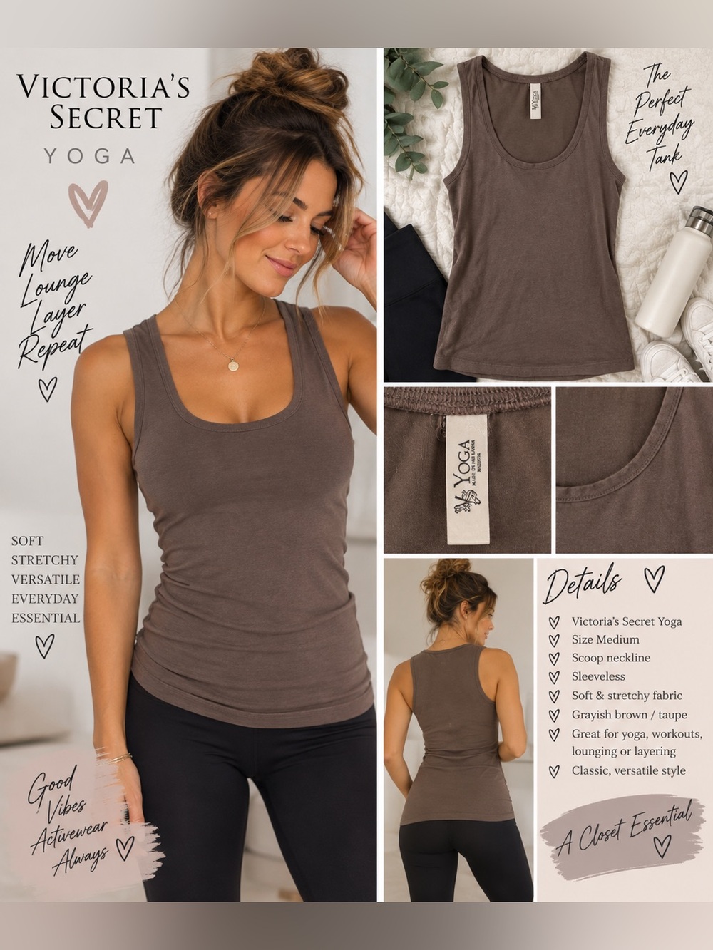 Victoria’s Secret Yoga Grayish Brown Scoop Neck Tank Top Size M